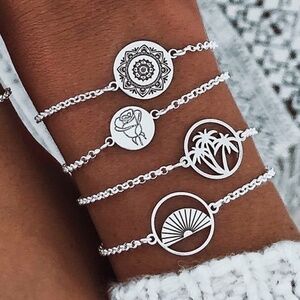 *HARMONI* 4-Pc Silver Rose Pendant Bracelet Set